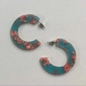 Teal & Coral Semi Hoop Acrylic Stainless Steel Earrings NWT